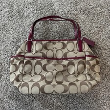 Coach Beige Brown Burgundy Canvas Diaper Bag. Classic  C  Logo. Changing Pad