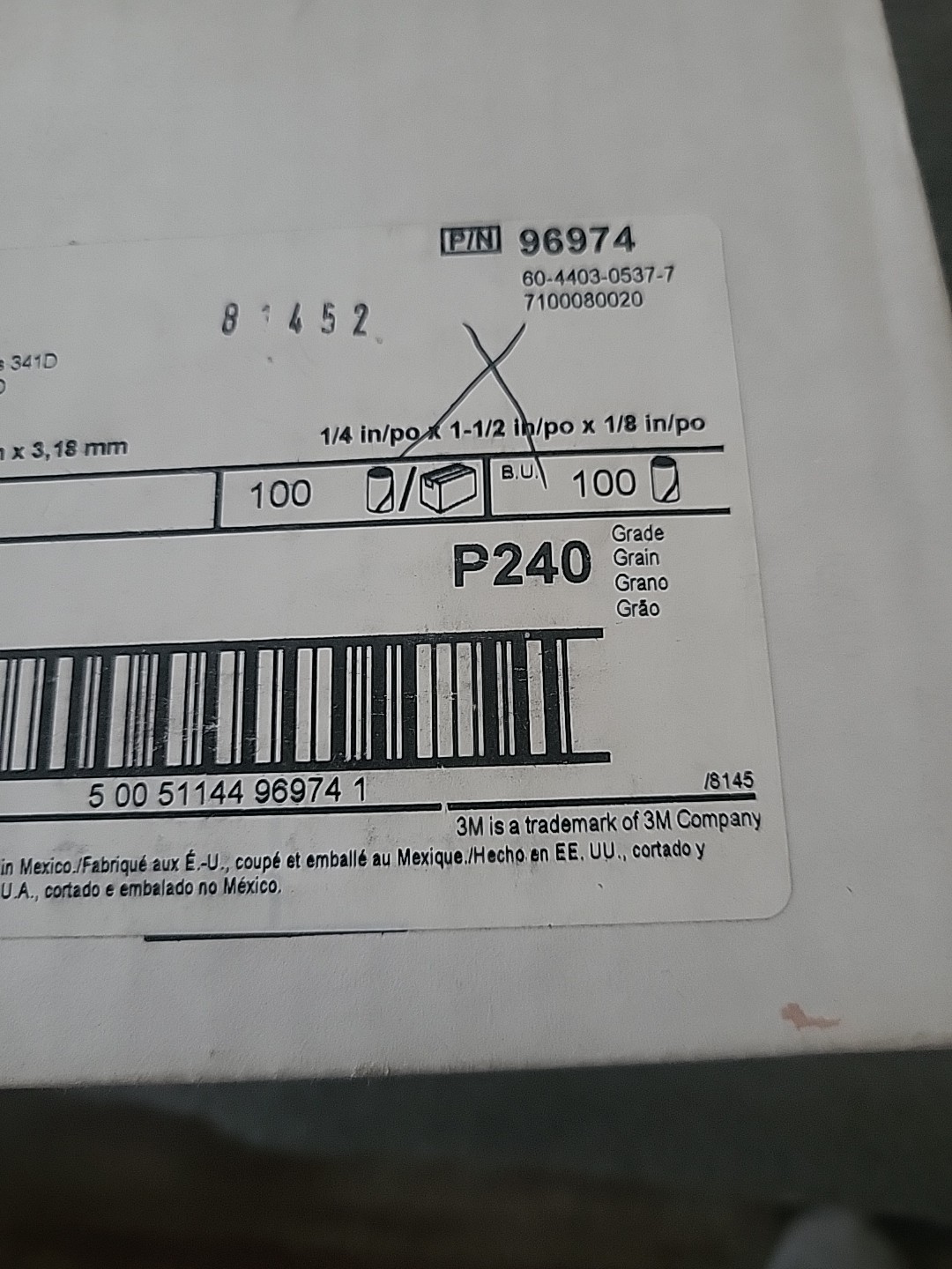 100pcs NEW! 3M 341D 1/4" x 1-1/2" x 1/8" Cartridge Roll  P240  96974