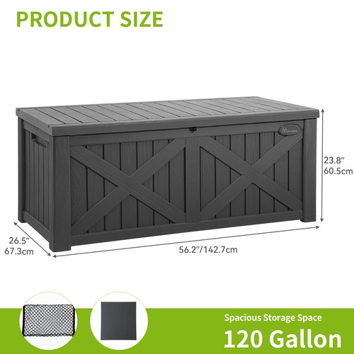 120 Gallon Large Deck Box Resin Outdoor Storage Boxes w/ Divider & Storage Net - Picture 4 of 5