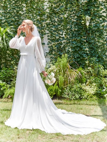 Contrast Mesh V-neck Lantern Sleeve Chiffon Wedding Dress Without Veil Size M - Picture 4 of 5