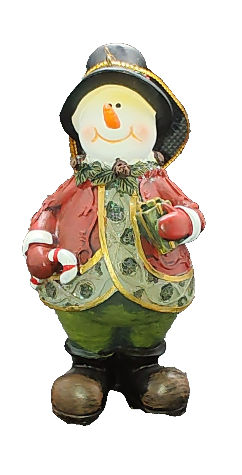 SNOWMAN Ornament Resin Red Jacket Green Pants Candy Cane Gift Vintage Look