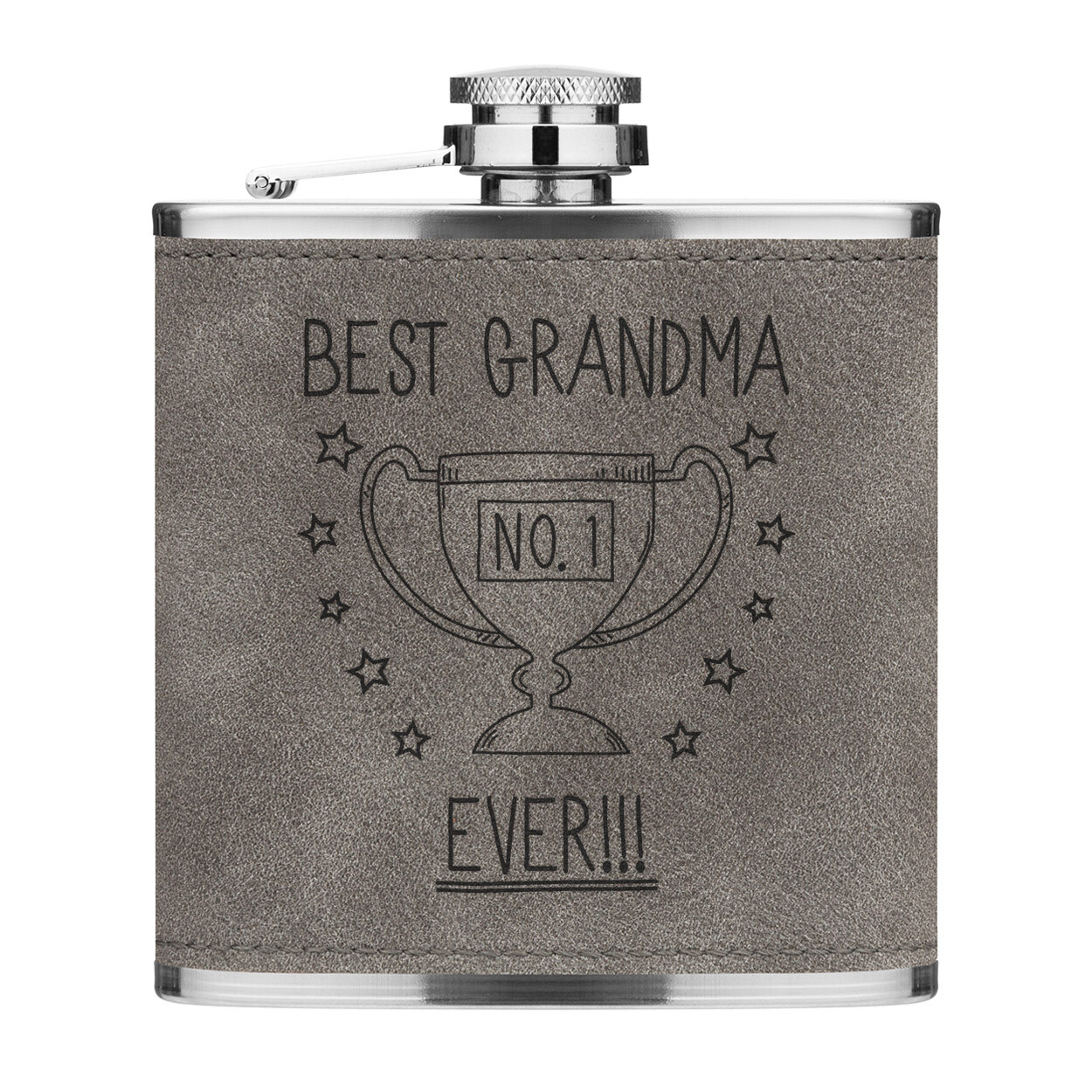 Best Grandma Ever No.1 Trophy 6oz PU Leather Hip Flask Grey Funny Favourite