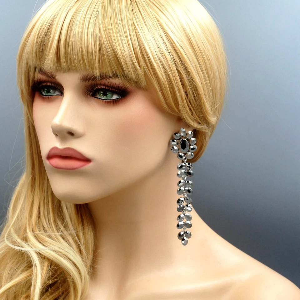 Pendientes colgantes grises 4.375 1n largo Jet cristal hematita mujeres graduación joyería 88 Foto 2 de 3