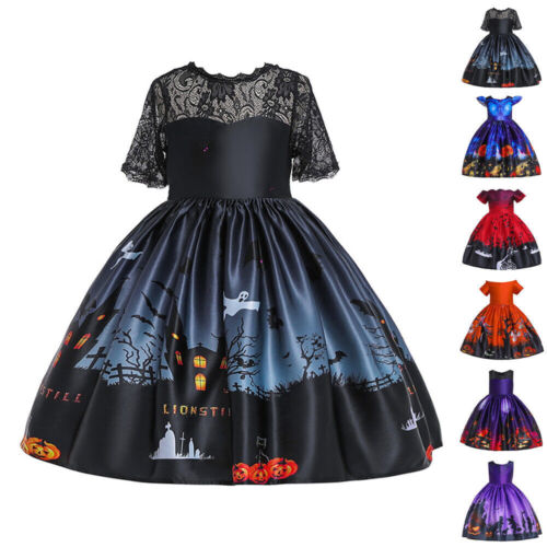 Kids Girls Halloween Print Princess Fancy Dress Ball Gown Party Swing Tutu Dress - Picture 1 of 17