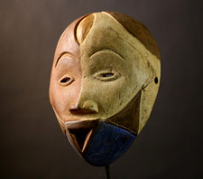 African Mask Tribal Painted Split Face Spirit Carved Wood Congo Origin-7639