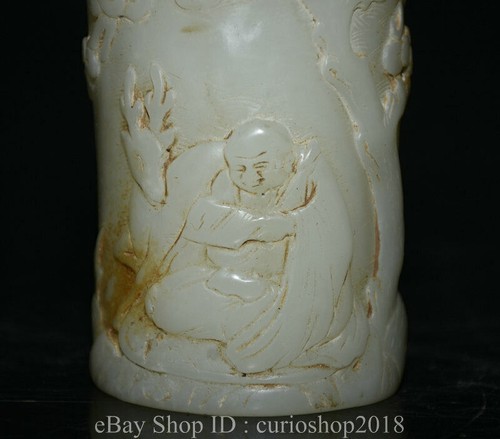 4.8 " Old Chinese White Jade Carved People Tree Deer Round brush pot pen case - 第 3/10 張圖片