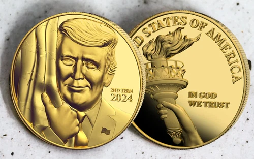 2024 Trump Gold Flag Hug Commemorative Coin, Uncirculated, Reverse Liberty Torch