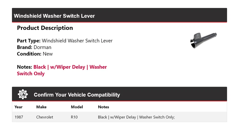 For 1987 Chevrolet R10 Dorman Windshield Washer Switch Lever - Image 2 of 4
