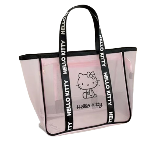 New PINK SANRIO Hello Kitty LARGE Mesh Clear Shopping Handbag Flower Tote Bag