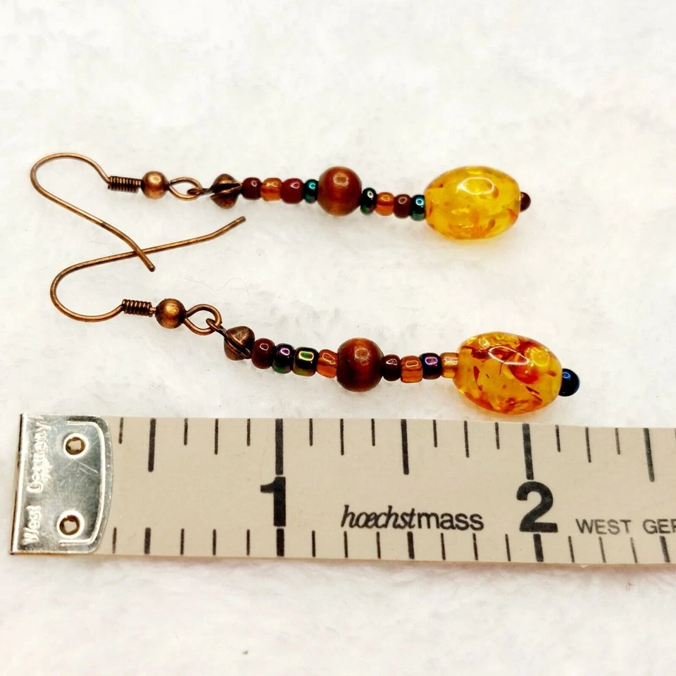 Pendientes de cobre hechos a mano cuentas ámbar cuentas de madera cuentas de vidrio colgantes Foto 4 de 4