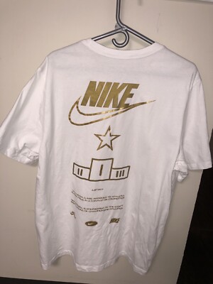 Nike white metallic Gold Medal swoosh star podium Olympics t shirt