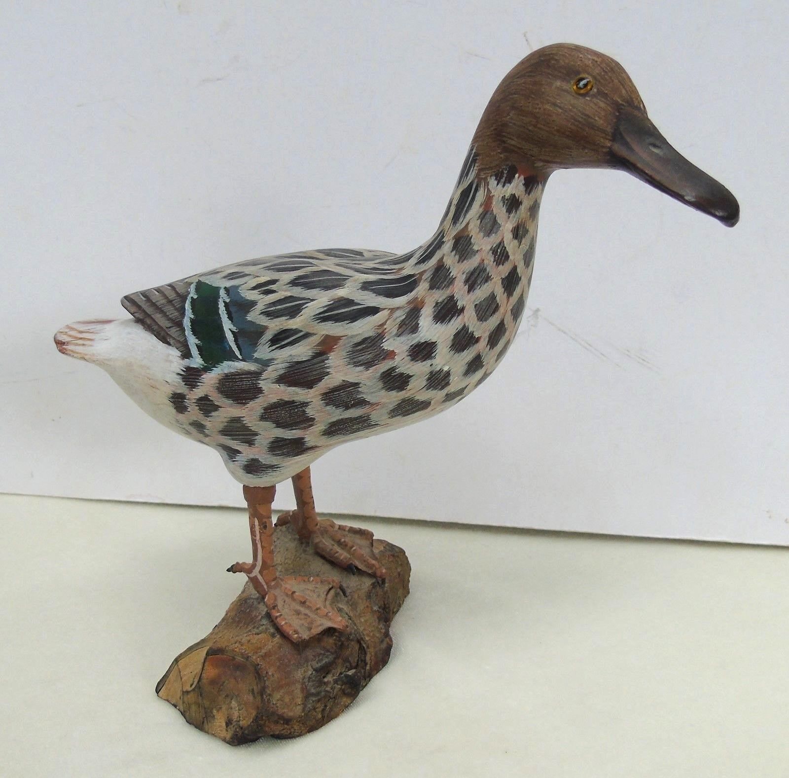 Hand Painted Hand Carved Wooden Female Teal Duck on Log Figurine Decoy
