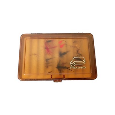 Vintage Plano Fly Box Model 3448 Amber Colored With Flies Lures 