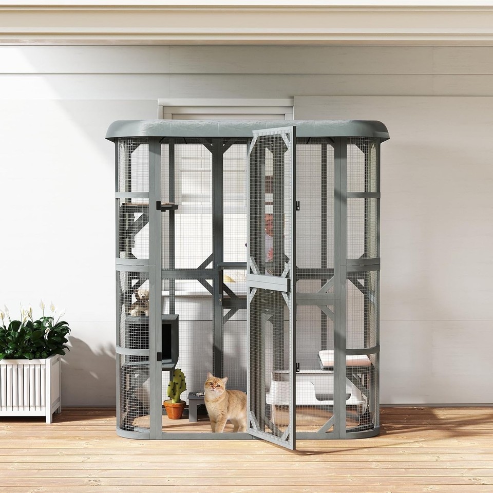PawHut Wooden Catio Cat Outdoor Enclosure, Cat Cage with Waterproof ...