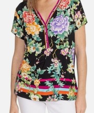 New SZ L Johnny Was Janie Favorite Le Jardin Button Neck Boho Tee T-Shirt Top