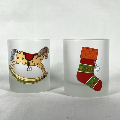 2 Christmas Stocking Rocking Horse Frosted Rock Cocktail Drinking Glasses 10oz