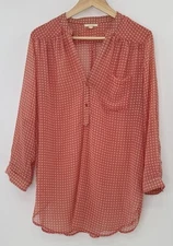 Pleione Red & Ivory Geometric Button Blouse Chiffon Sheer Sz L Roll Tab Preppy