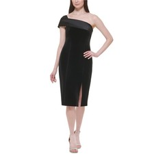 Eliza J Women's Cocktail Dress Size 14 Black Velvet One Shoulder Midi Sheath