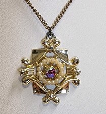 Vintage Gold Tone Necklace Faux Pearl Ruby Red Rhinestone Cross Pendant 20"