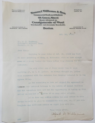 1915 Reference Letter, Samuel Williams & Son, Commercial Bankers/Brokers, Boston