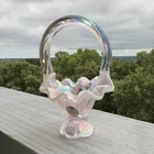 Beautiful Fenton Pink Iridescent Art Glass Basket White Ruffled Rim 5" Tall