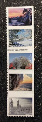 #ad 2025USA #6038 6042a Forever Winter Landscapes Strip of 5 Right Side Booklet $6.15