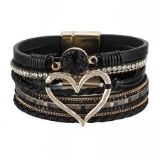 Multilayer Leather Wrap Bracelet   Heart-Shaped Boho Wide Cuff, Gift for Women