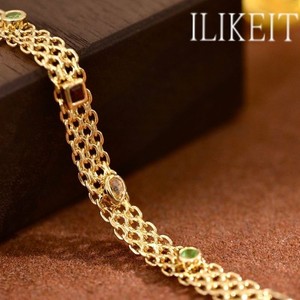 Authentic S925 Silver Gold Plated Woven Multi-Gem Bracelet with Vintage French Style