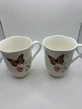 Pair Of Lenox Butterfly Meadow Monarch Scalloped Rim Coffees Mug Teacup 12 oz