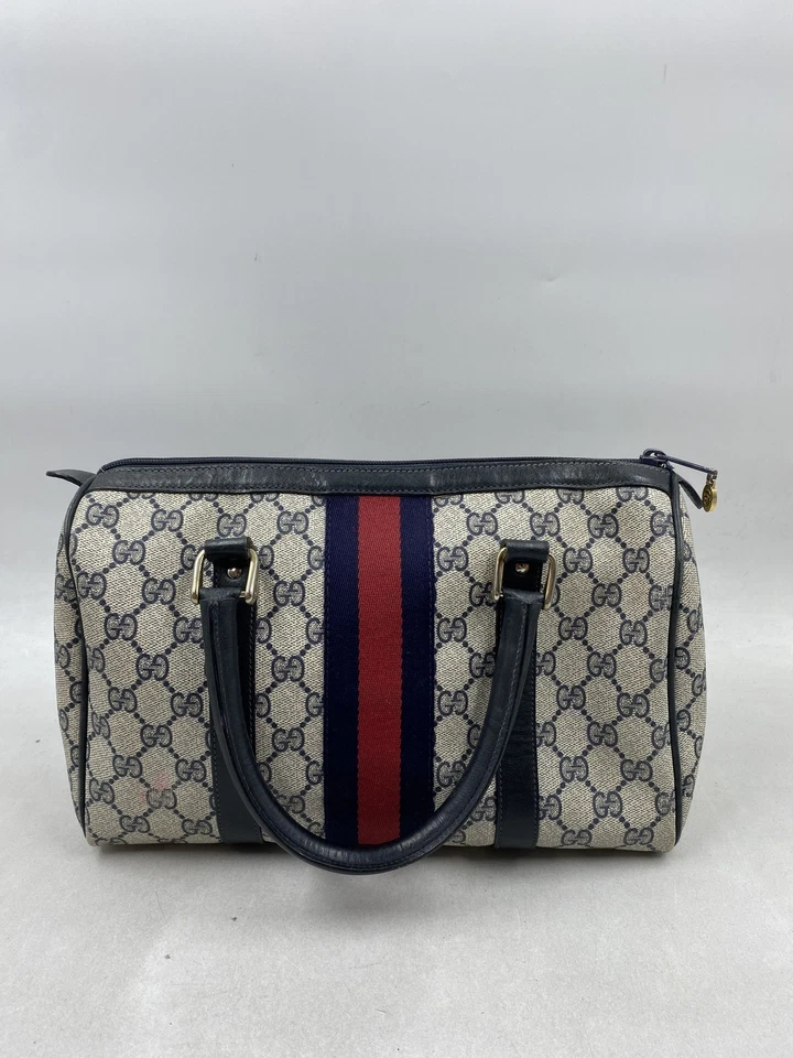 Bolsa satchel Gucci azul monograma vermelha listra marinha alça superior - Imagem 2 de 4