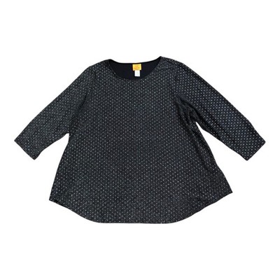 Ruby Rd Womens Plus 1X Black Textured Glitter Dot Top 3/4 Sleeve Stretch Slinky