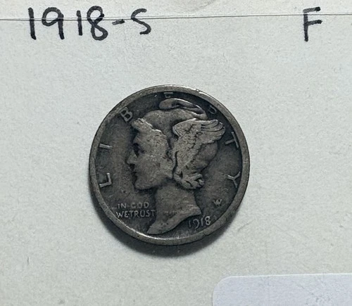 New Listing1918-S San Francisco Mercury Silver Dime . .  Looks F/VG