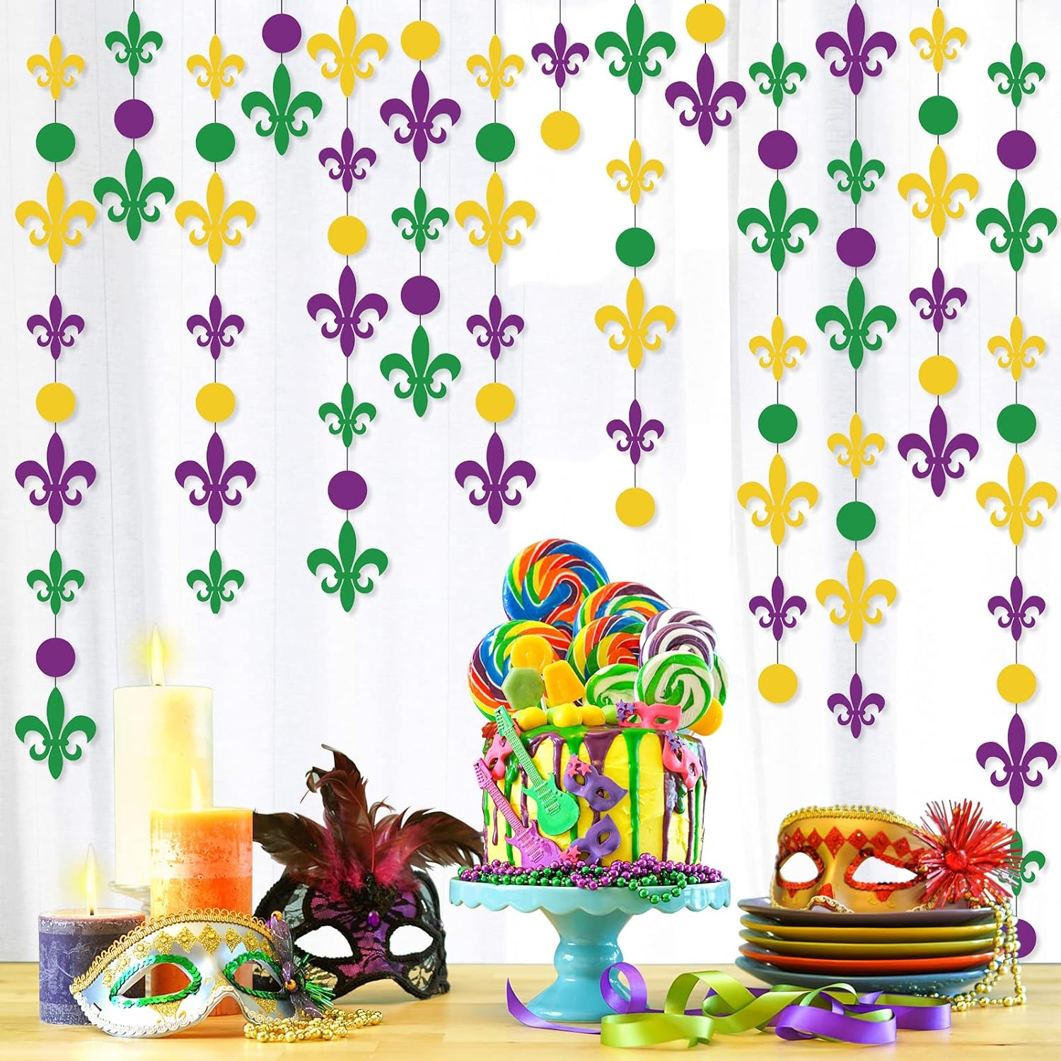 Gold Purple Green Paper Garland Mardi Gras Party Decorations Circle Dots Streame