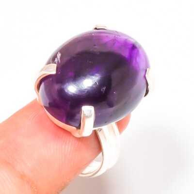 Natural Huge Amethyst Cabochon 50 Ct Handmade 925 Sterling Silver Ring Size-7