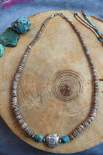 Turquoise, Olive Shell Heishi & Silver Necklace 23.5