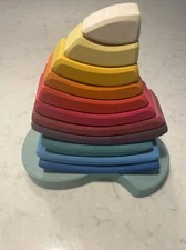 Grimm's Large Wooden Stacking Tower Sailboat Rainbow Complete EUC