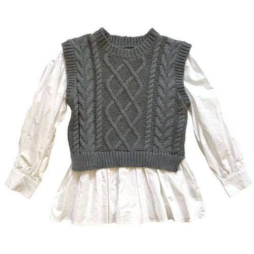English Factory Mixed Media Cable Detail Sweater Top Womens XS Gray White Shirt