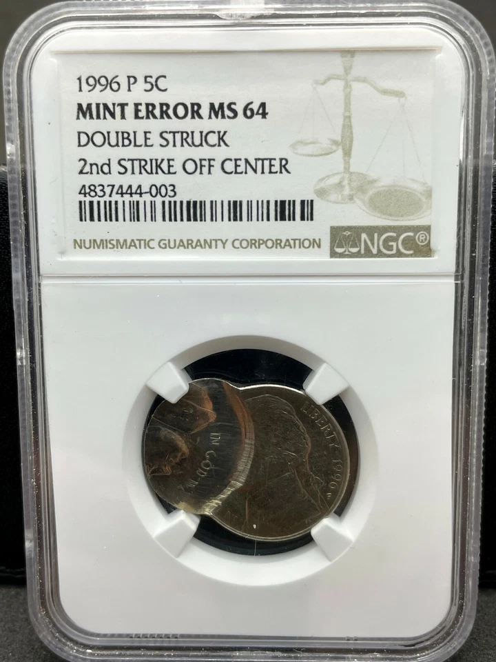 NGC MS 64 Mint Error Double Struck 2nd Strike of Center 1996 P 5C Jeff. Nickel - Image 2 of 4