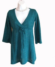 Green Surplice Dress JUNIORS Sz S Small Knit Tunic Top Mini Silver Metallic Y2K