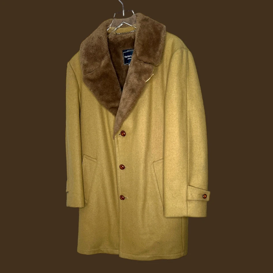 Abrigo de lana pesada marrón vintage forro de cuello de piel sintética chaqueta de 3 botones talla 40 Foto 4 de 4