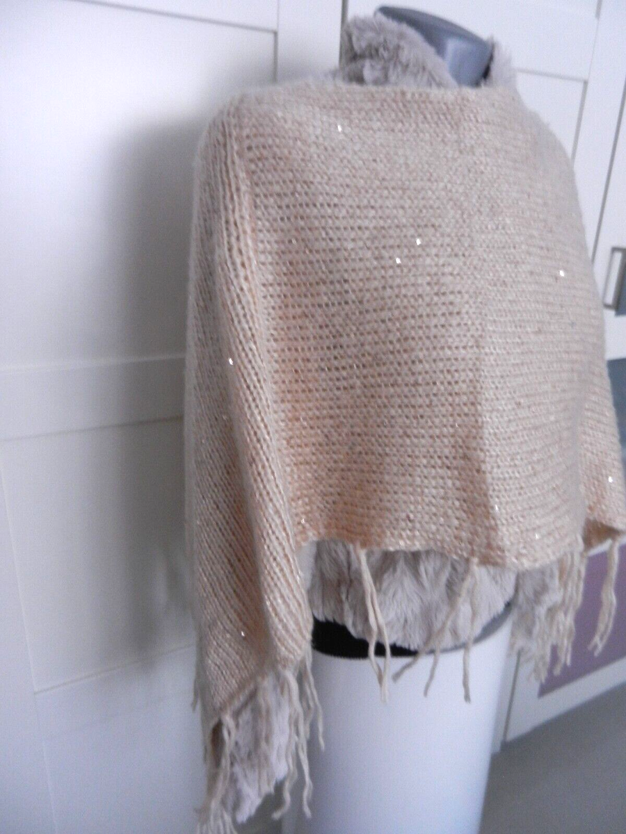 Strick Poncho M L 38 40 Beige Rosé Pailletten Fransen