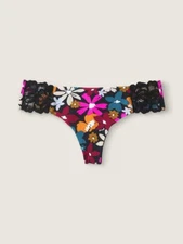 VICTORIA'S SECRET PINK No Show Thong Panty  Floral Black Lace Side NWT XL