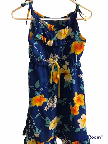 Vintage Sears Hawaiian Fashions Girls Sleeveless Shift Dress Blue Yellow Flowers - Picture 2 of 4