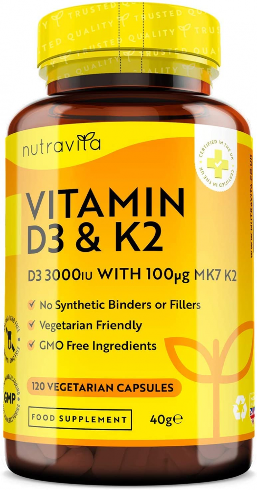 Vitamin D3 3000iu & K2 100ug (MK7) – 120 Vegetarian Capsules –...