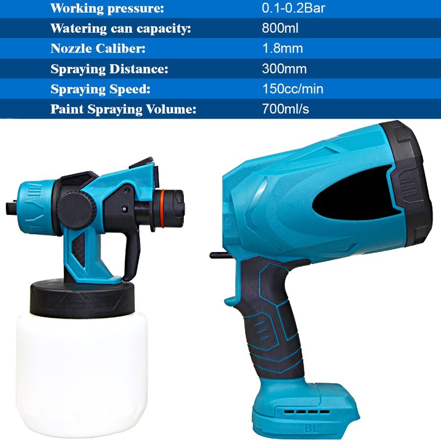 Pistolet à Peinture électrique Sans Fil - Réservoir 800ml - Batterie - Bleu - Neuf