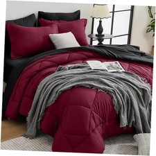 Comforter Set - 7-Piece All Season Bed in a Bag Ultra Soft Full Red  Black