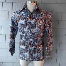70s Vintage Sears Kings Road Blue Rust White Disco Dagger Collar Poly Shirt M