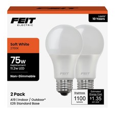 Feit Electric A19 LED Light Bulbs, 75W 2 Count Pack of 1 , 2700k Soft White