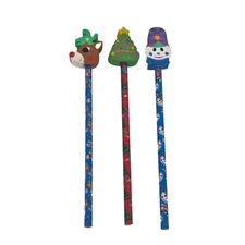 LOT OF 3 LISA FRANK PENCILS W ERASER TOPPERS CHRISTMAS REINDEER TREE SNOWMAN