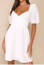 Lulus Little Bit in Love White Babydoll Dress Lined Size Med NWT Puff Sleeve